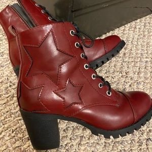 Red Faux Leather Star Pattern Lace Up Booties